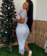 Plus Size Lace Square Neck Backless Midi Dress GXYY-8117