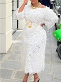 Plsu Size Furry Tassel Belt Long Sleeve Midi Dress GXYY-8278