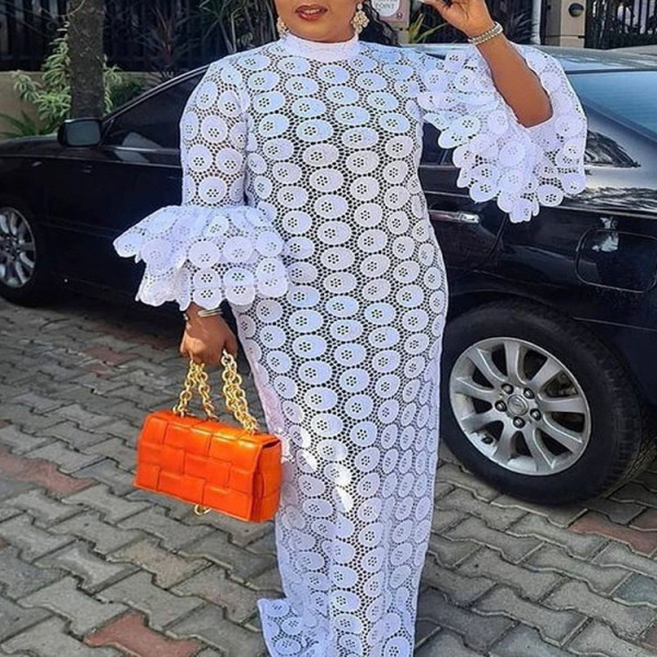 Plus Size Lace Hollow Out Flare Sleeve Maxi Dress GXYY-8015