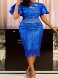 Plus Size Backless Lace Sequin Midi Dress GXYY-8198