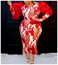 Plus Size Bubble Sleeve Printed Midi Dress GXYY-8089