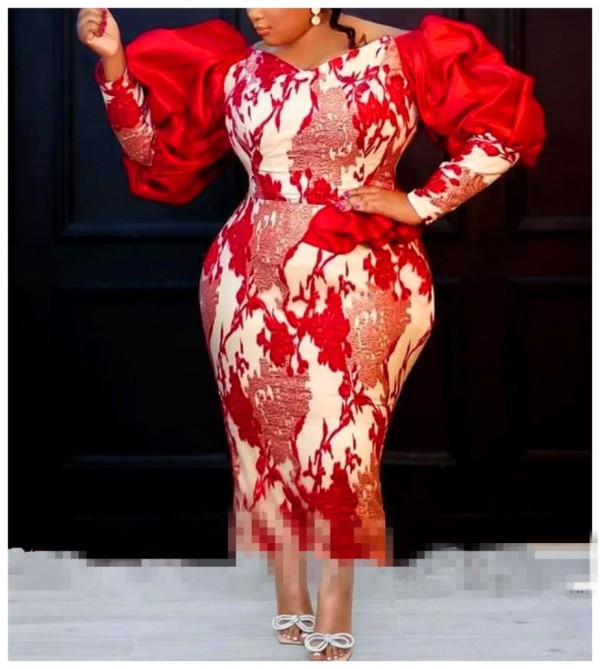 Plus Size Bubble Sleeve Printed Midi Dress GXYY-8089