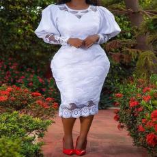 Plus Size Solid Lace Patchwork Midi Dress GXYY-8032