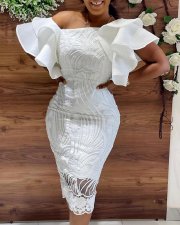 Plus Size Flare Sleeve Split Solid Midi Dress GXYY-7005