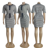 Short Sleeve Stripe Casual Midi Dress CY-8359