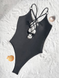 Solid Color Halter Bandage One Piece Swimsuit CASF-6694