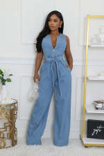 Fashion Sleeveless Loose Denim Straight Jumpsuit LX-6990