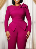 Plus Size Solid Color Bow Tie Long Sleeve Pants Suit GATE-546