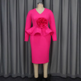 Plus Size Ruffles V Neck Midi Dress GKEN-040839