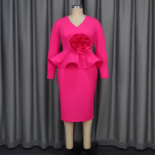 Plus Size Ruffles V Neck Midi Dress GKEN-040839