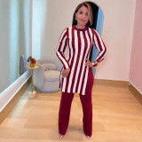 Plus Size Fashion Stripe Long Sleeve Casual Pants Suit NY-10929