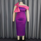 Plus Size Slant Neck Bow High Waisted Midi Dress GKEN-040738