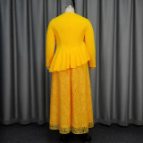 Plus Size Long Sleeve Lace Patchwork Ruffle Midi Dress GKEN-040813