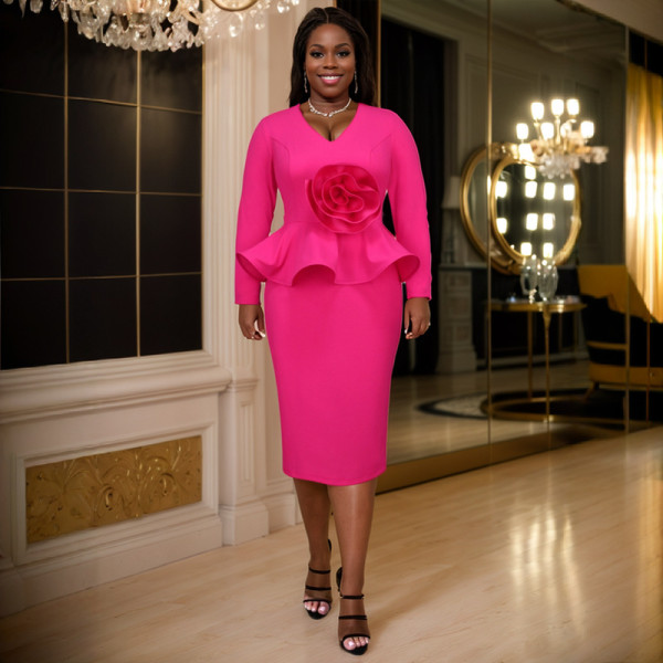 Plus Size Ruffles V Neck Midi Dress GKEN-040839