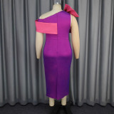 Plus Size Slant Neck Bow High Waisted Midi Dress GKEN-040738