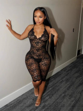 Deep V Neck Lace See Through Romper YUEM-390401
