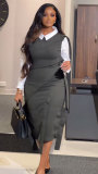 Plus Size Contrast Color Fake Two-piece Midi Dress NY-10928