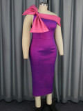 Plus Size Slant Neck Bow High Waisted Midi Dress GKEN-040738