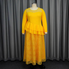 Plus Size Long Sleeve Lace Patchwork Ruffle Midi Dress GKEN-040813