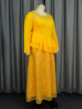 Plus Size Long Sleeve Lace Patchwork Ruffle Midi Dress GKEN-040813
