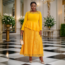 Plus Size Long Sleeve Lace Patchwork Ruffle Midi Dress GKEN-040813