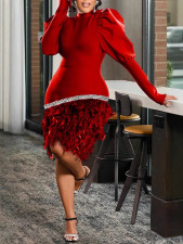 Plus Size Lantern Long Sleeve Skinny Feather Midi Dress LS-0412