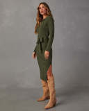 Solid Color V Neck Knits Midi Dress OSM-4465