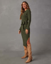Solid Color V Neck Knits Midi Dress OSM-4465