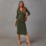 Solid Color V Neck Knits Midi Dress OSM-4465