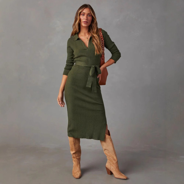 Solid Color V Neck Knits Midi Dress OSM-4465