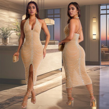 Hot Drill Hang Neck Backless Midi Dress GFYX-7095