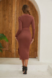 Solid Color V Neck Knits Midi Dress OSM-4465