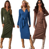 Solid Color V Neck Knits Midi Dress OSM-4465