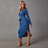 Solid Color V Neck Knits Midi Dress OSM-4465
