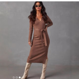 Solid Color V Neck Knits Midi Dress OSM-4465
