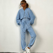 Long Sleeve Solid Color Zipper Hooded Pants Suit YMZY-1070
