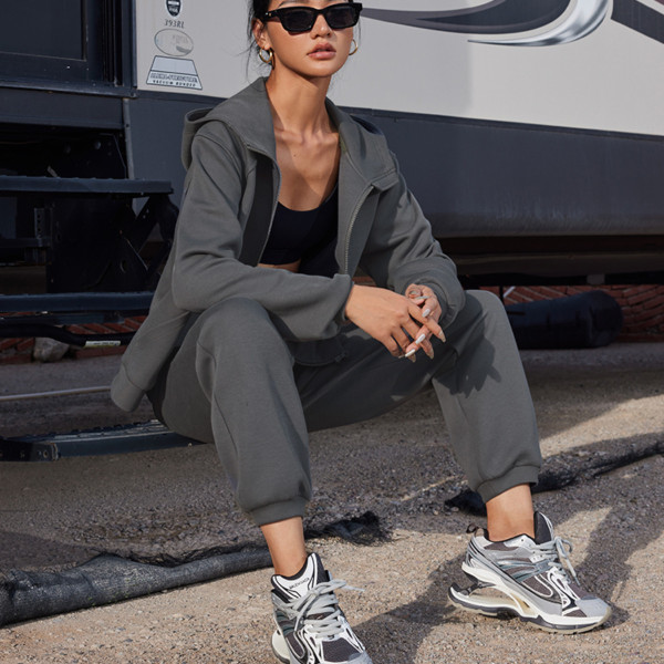 Solid Color Hooded Sweatshirt Sport 2 Piece Set YMZY-21164
