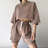 Solid Color Half Sleeve Loose Two Piece Shorts Set YMZY-11829