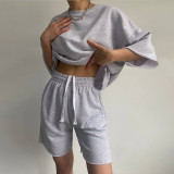 Solid Color Half Sleeve Loose Two Piece Shorts Set YMZY-11829