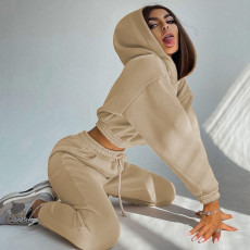 Solid Color Long Sleeve Hooded Drawstring Pants Suit YMZY-6509