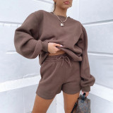 Solid Color Loose O Neck Shorts 2 Piece Set YMZY-8025