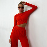 Long Sleeve Solid Color Wide Leg Pants Suit YMZY-0030