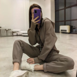 Solid Color Sport Zipper Hooded Two Piece Pants Set YMZY-11203