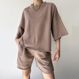 Solid Color Half Sleeve Loose Two Piece Shorts Set YMZY-11829