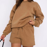 Solid Color Loose O Neck Shorts 2 Piece Set YMZY-8025
