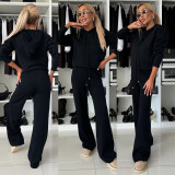 Solid Hooded Sweatshirt Drawstring Wide Leg Pants Suit YMZY-912