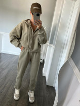 Solid Long Sleeve Zipper Hoodies Two Piece Pants Set YMZY-904