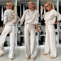 Solid Hooded Sweatshirt Drawstring Wide Leg Pants Suit YMZY-912