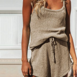 Solid Color Sling Sweater Two Piece Shorts Set YMZY-1025