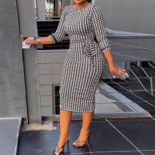 Black White Print 3/4 Sleeve Split Midi Dress SFY-2370